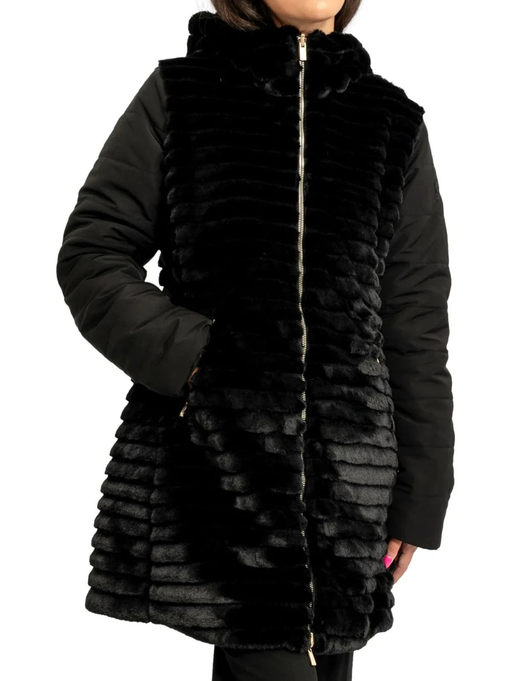 Piumino Donna Eco Reversible Fur Long Hoody Jkt W/L Nero